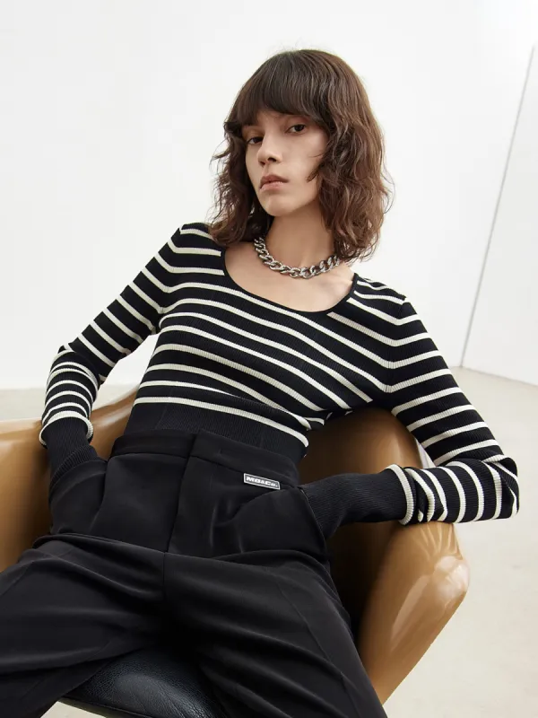 U-neck Striped Knit Top sold by Mo&Co