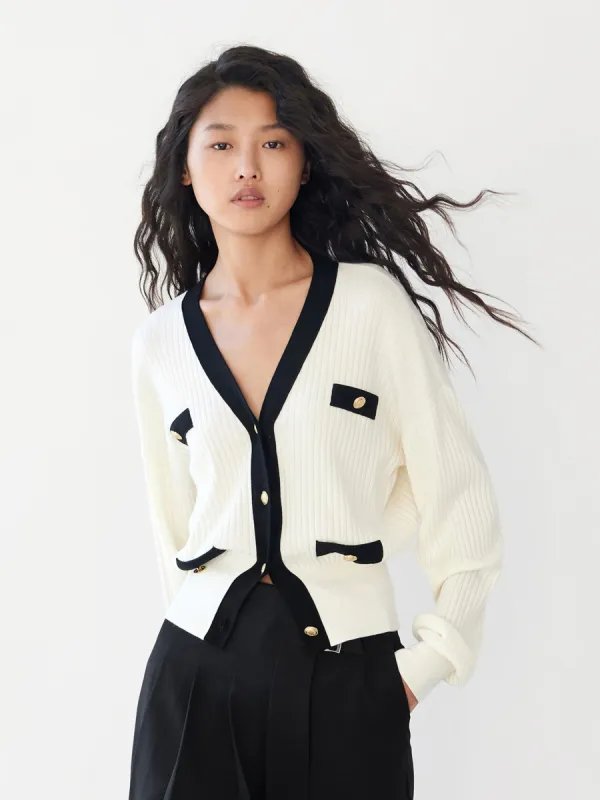 Contrast V-neck Metal Button Cardigan sold by Mo&Co