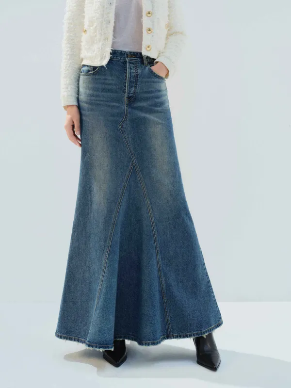 Paneled Denim Maxi Skirt sold by Mo&Co
