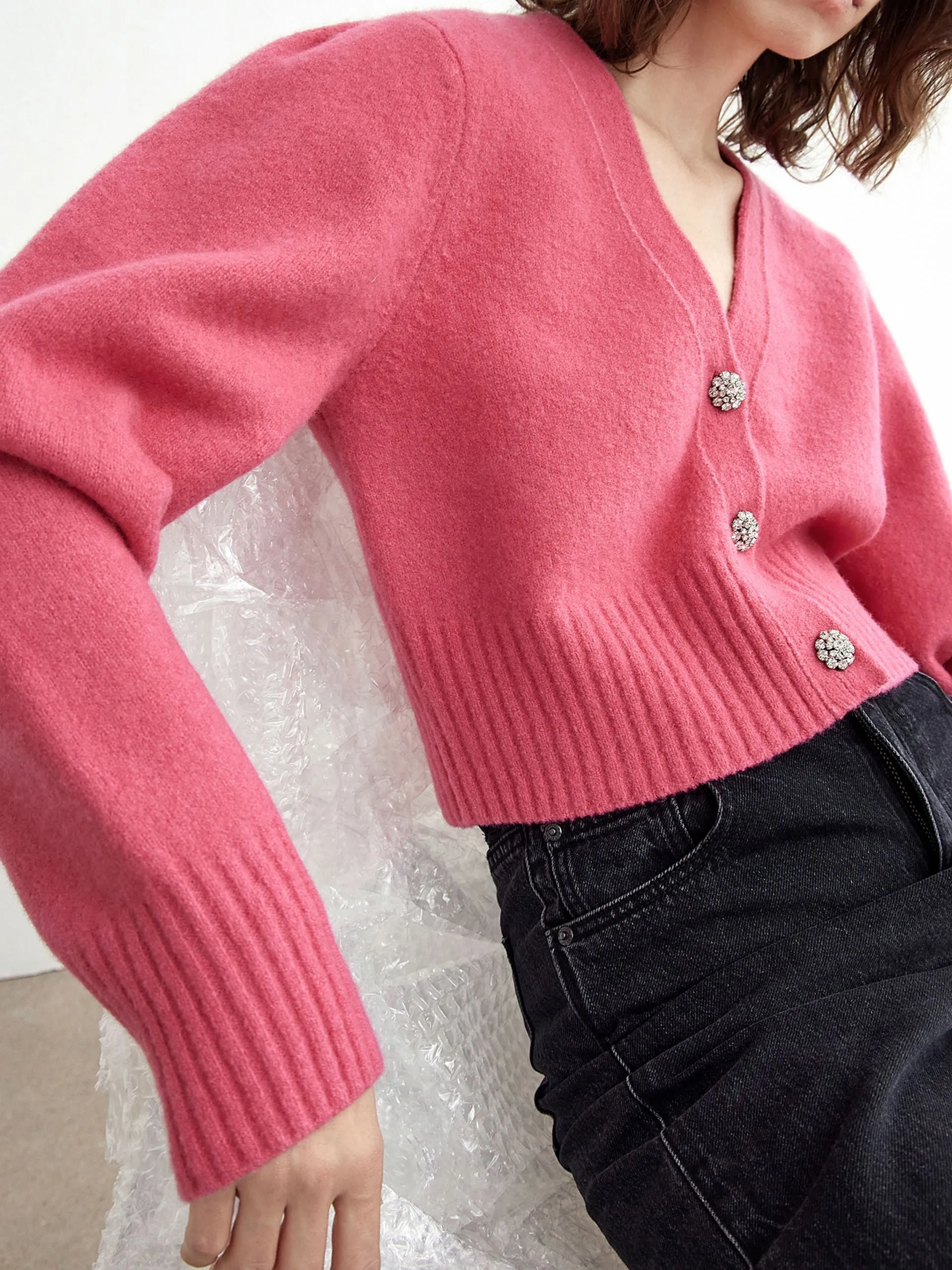 Solid Button Up V Neck Crop Cardigan sold by Mo&Co product image thumbnail 3