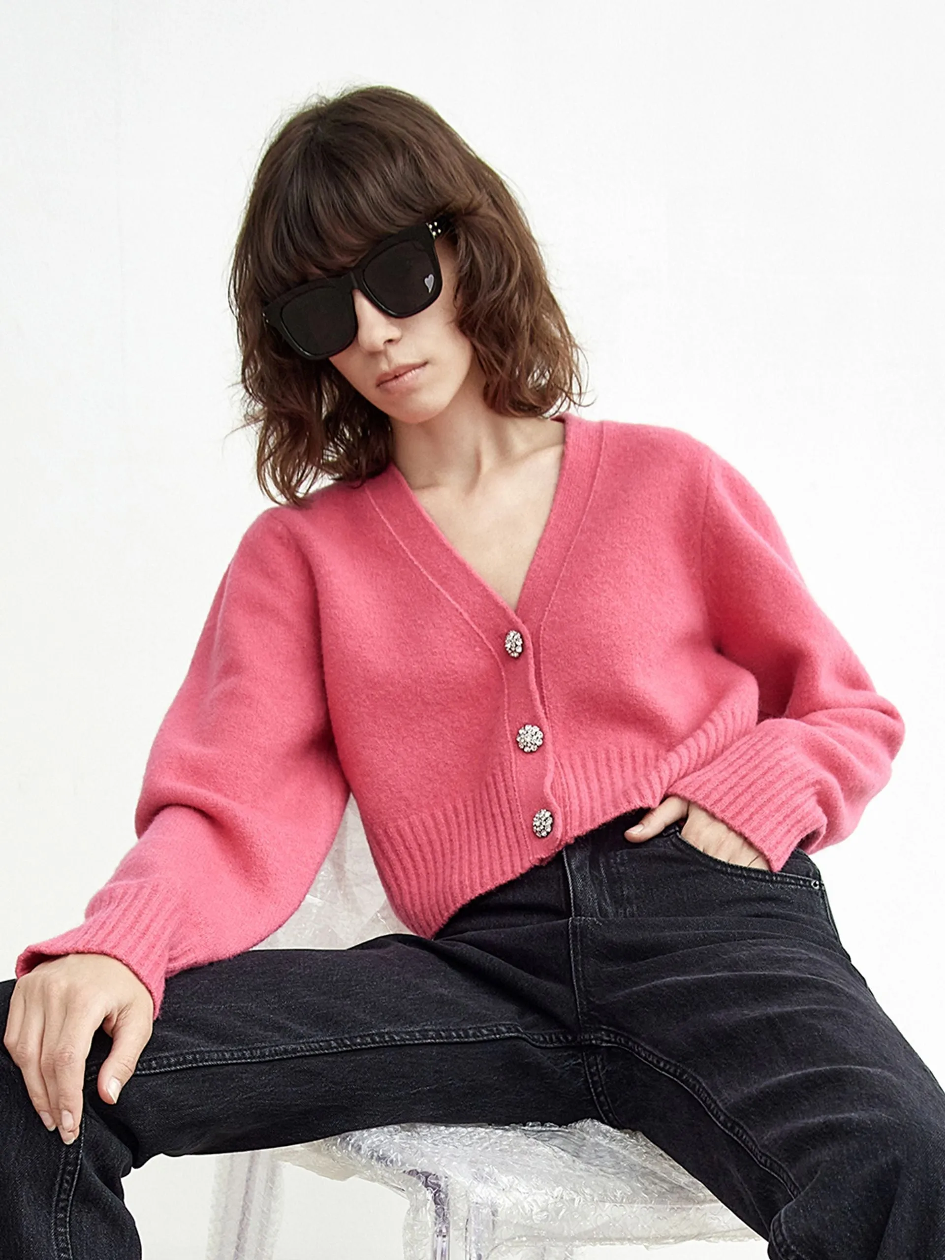 Solid Button Up V Neck Crop Cardigan sold by Mo&Co product image thumbnail 2