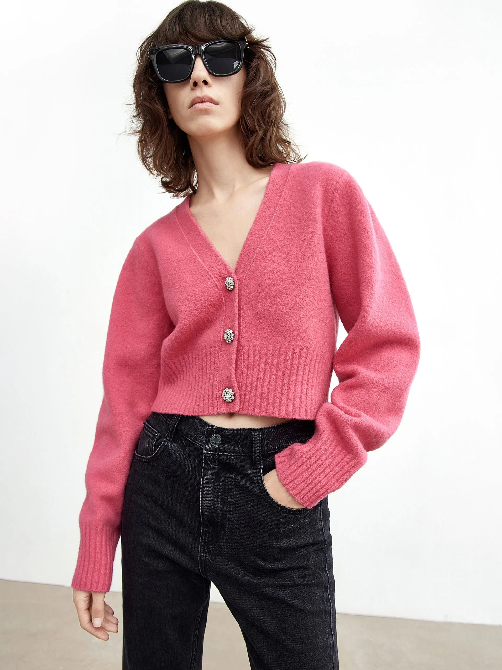 Solid Button Up V Neck Crop Cardigan sold by Mo&Co