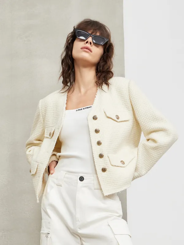 Collarless Metal Button Jacket sold by Mo&Co