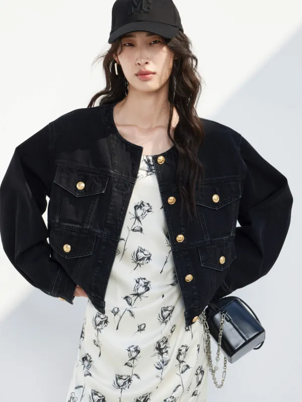 Collarless Cotton Denim Jacket sold by Mo&Co