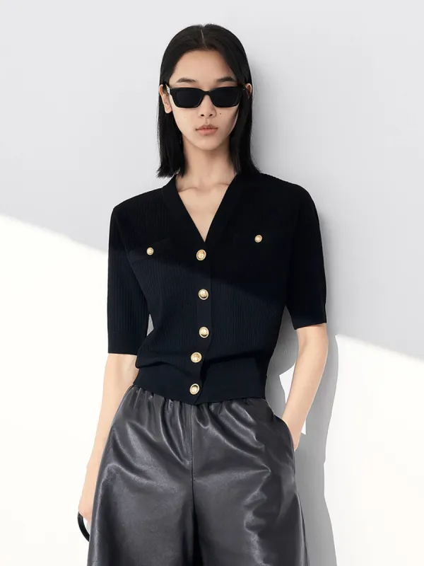 V-neck Metal Button Cardigan sold by Mo&Co