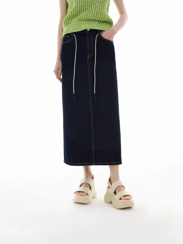 Back Slit Denim Skirt sold by Mo&Co