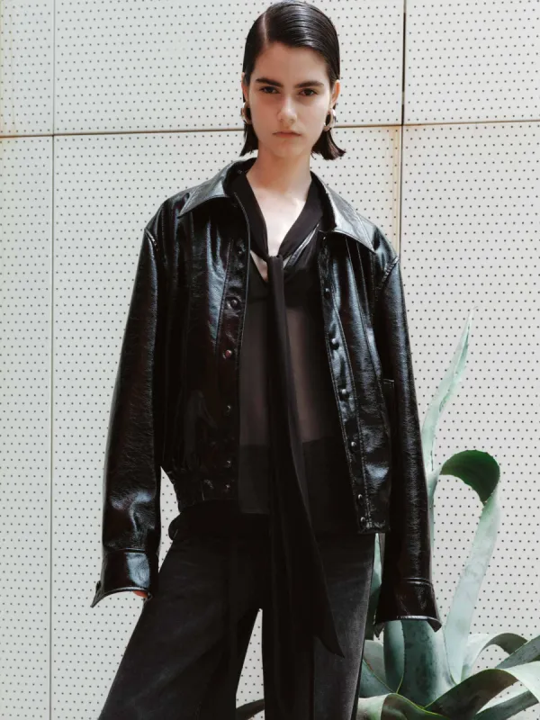 Snap Button Leather Jacket sold by Mo&Co