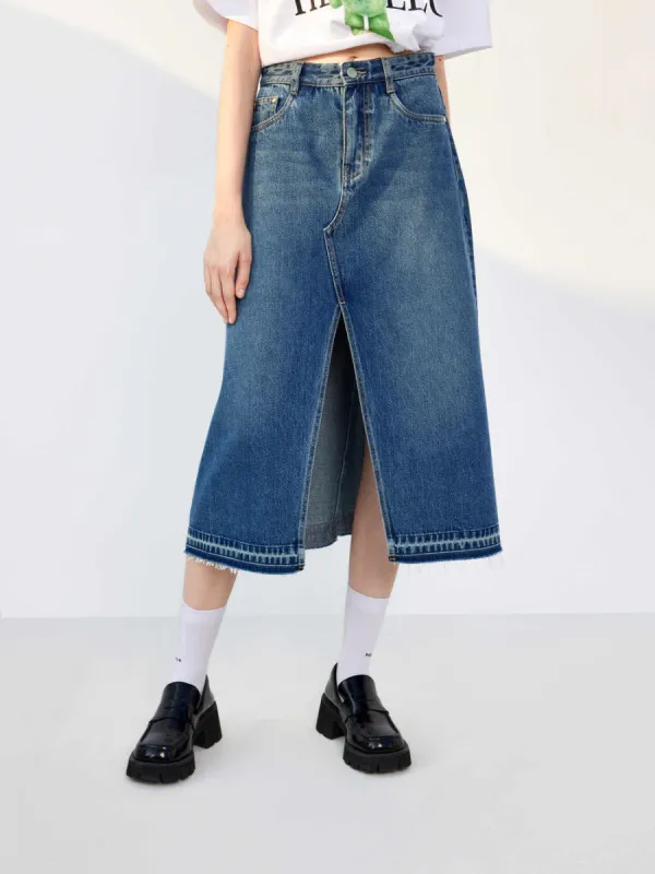 Slit Front Midi Denim Skirt sold by Mo&Co