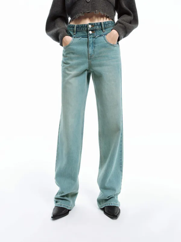 Frayed Seam Straight Jeans sold by Mo&Co
