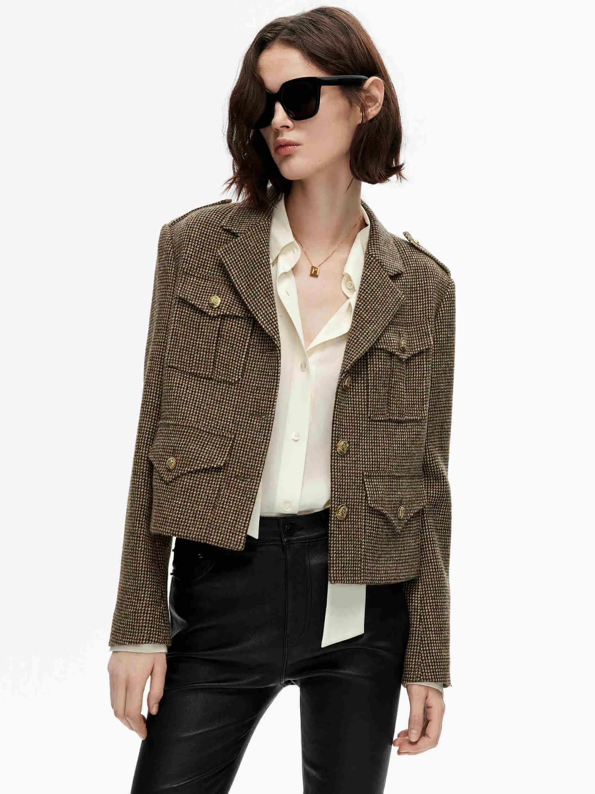 Checkered Cropped Wool Jacket sold by Mo&Co