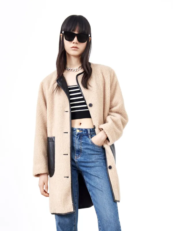 Faux Shearling Contrast Vintage Collarless Coat sold by Mo&Co