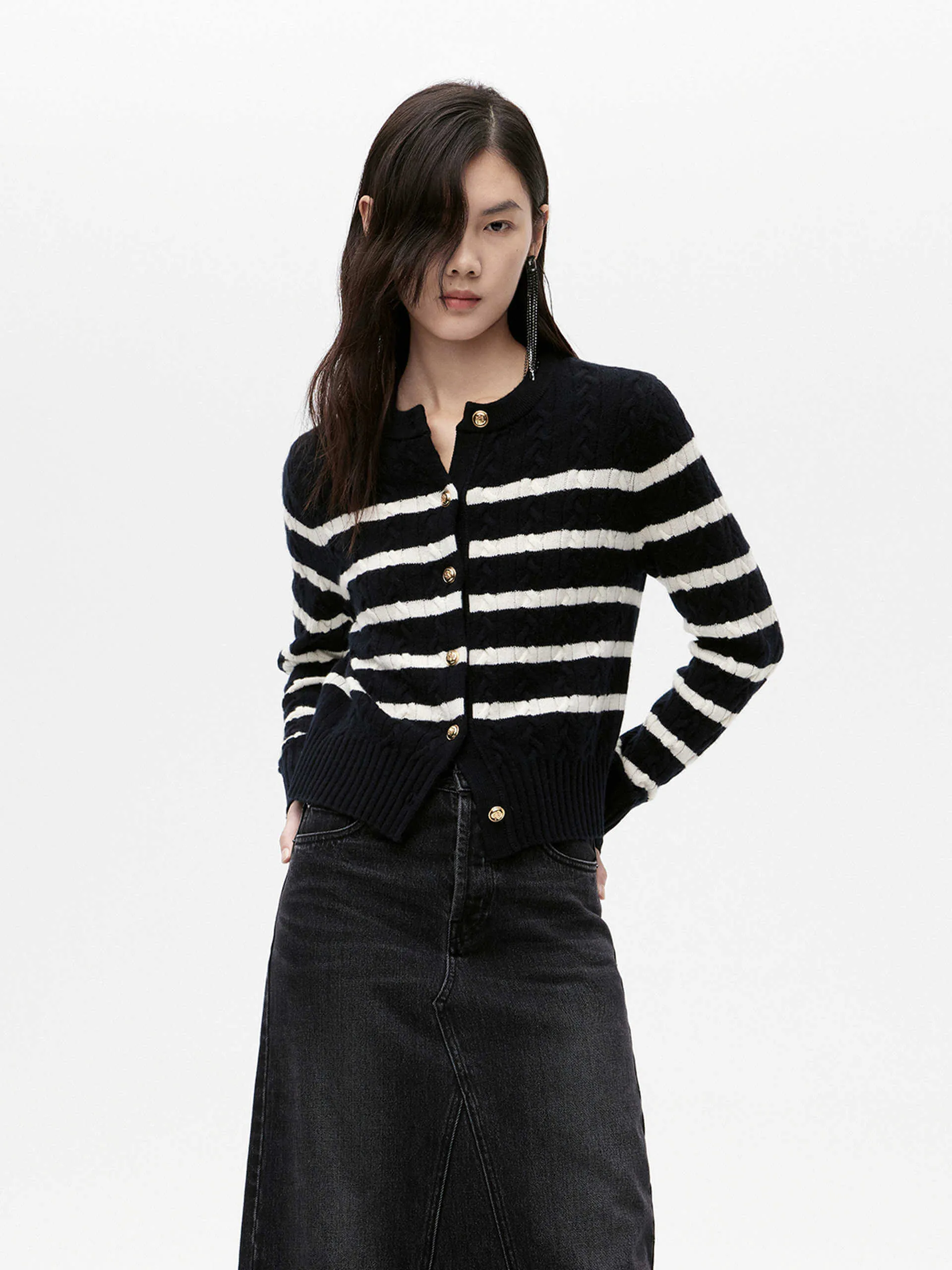 Cable Texture Striped Cardigan sold by Mo&Co
