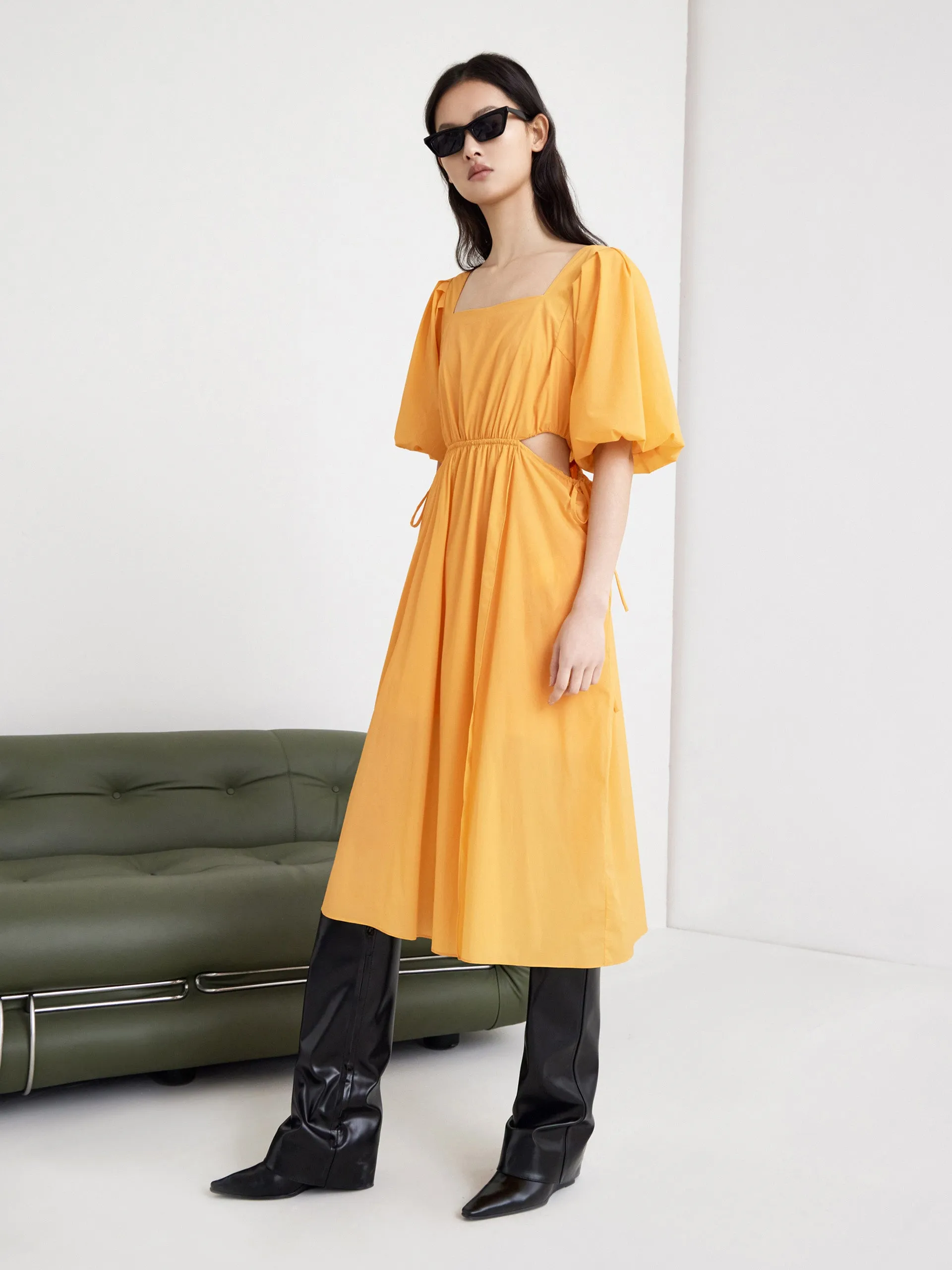 Puff Sleeved Ruched Cut-Out Dress sold by Mo&Co product image thumbnail 4