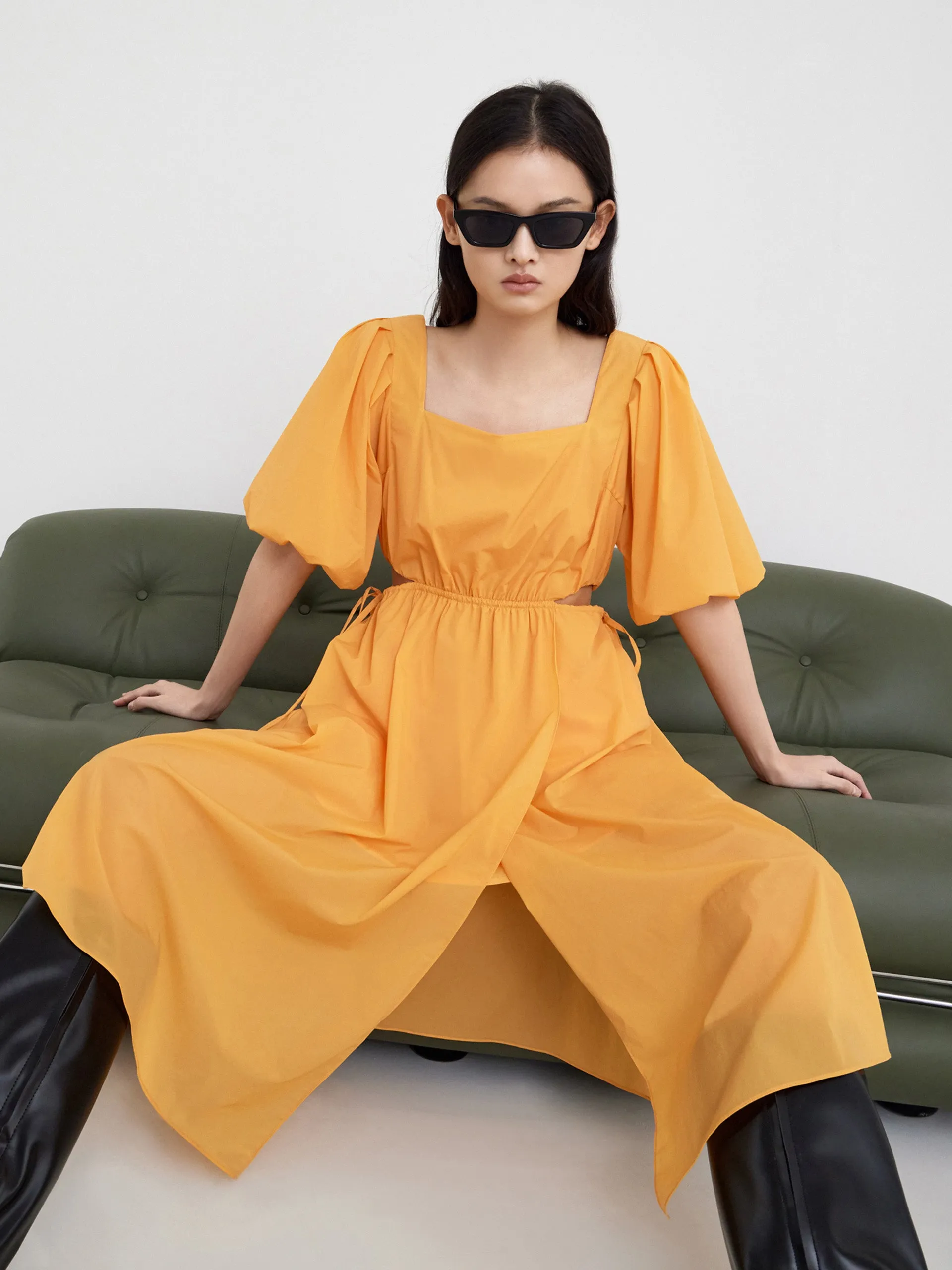 Puff Sleeved Ruched Cut-Out Dress sold by Mo&Co product image thumbnail 5