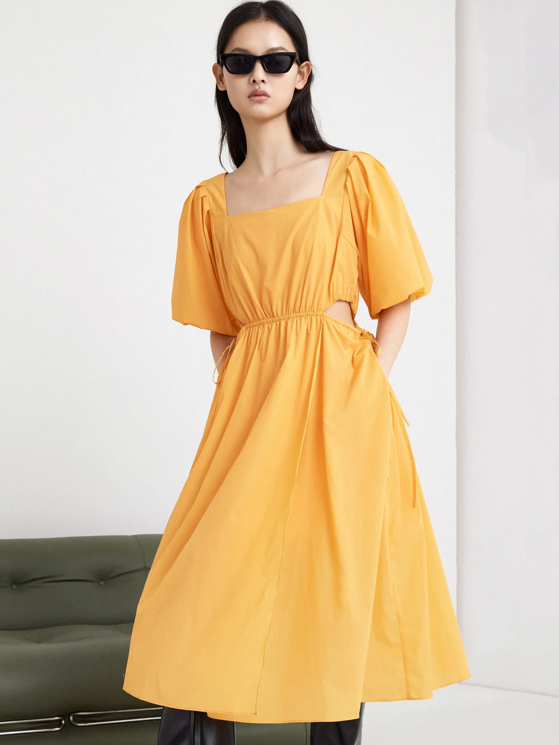 Puff Sleeved Ruched Cut-Out Dress sold by Mo&Co