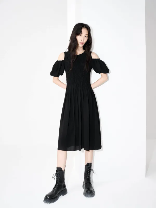 Cut Shoulder Smocked Dress sold by Mo&Co