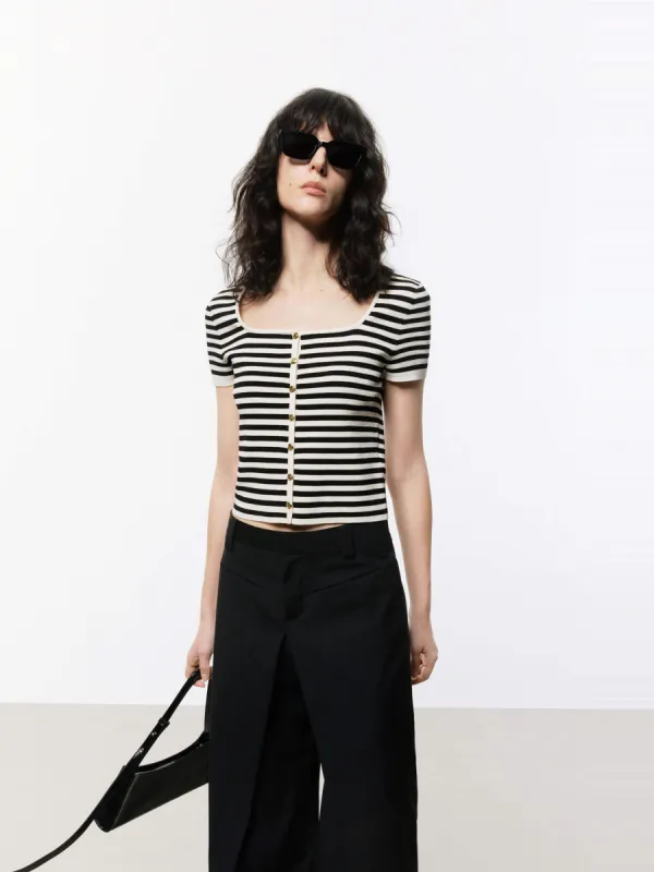 Square Collar Striped Top sold by Mo&Co
