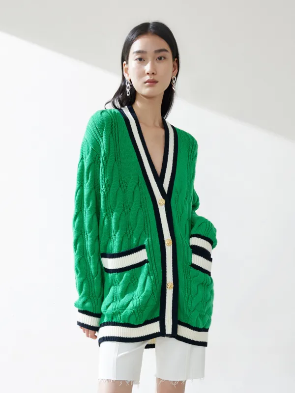 Contrast Cable Knit Wool Cardigan sold by Mo&Co
