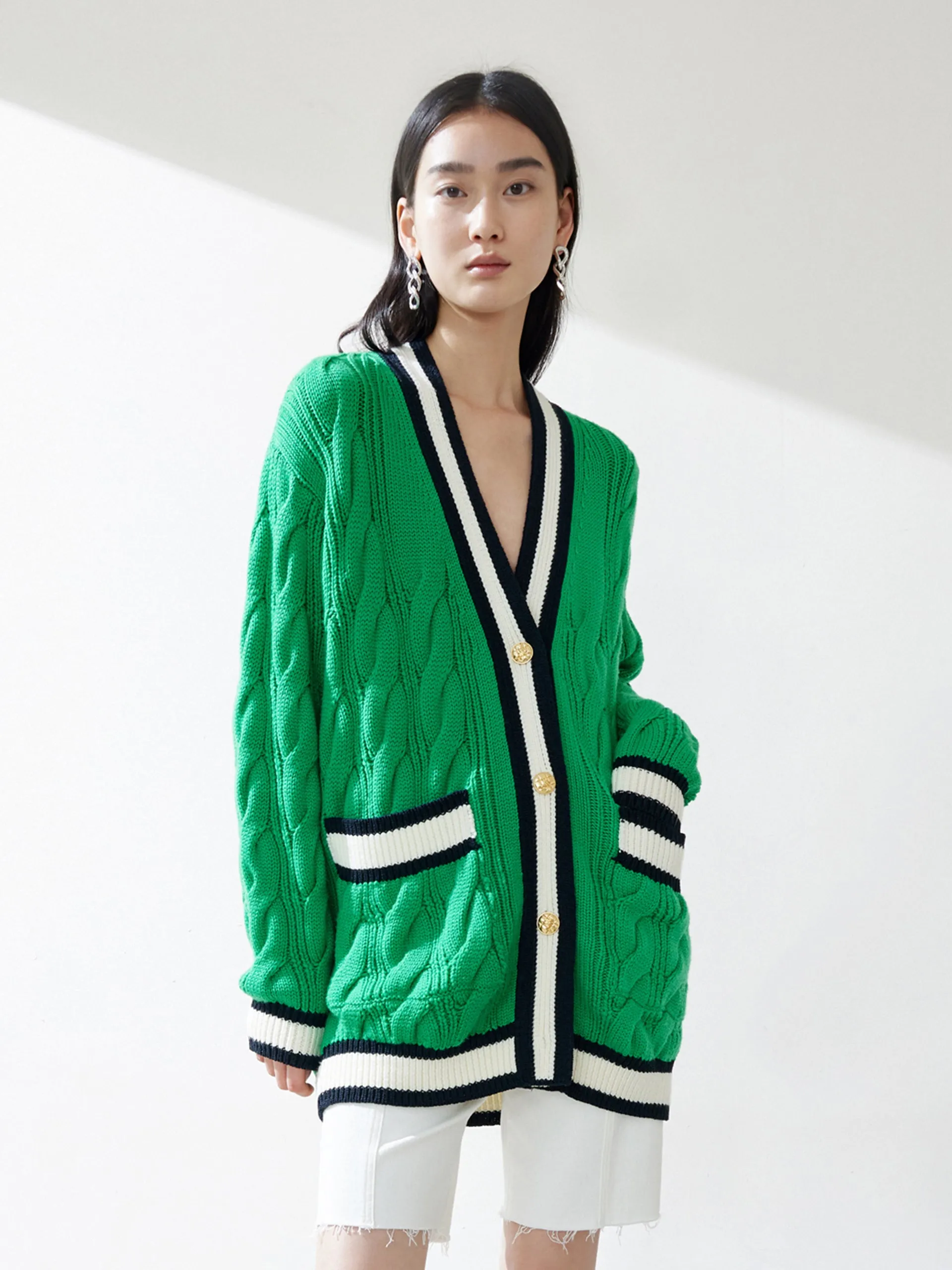 Contrast Cable Knit Wool Cardigan sold by Mo&Co