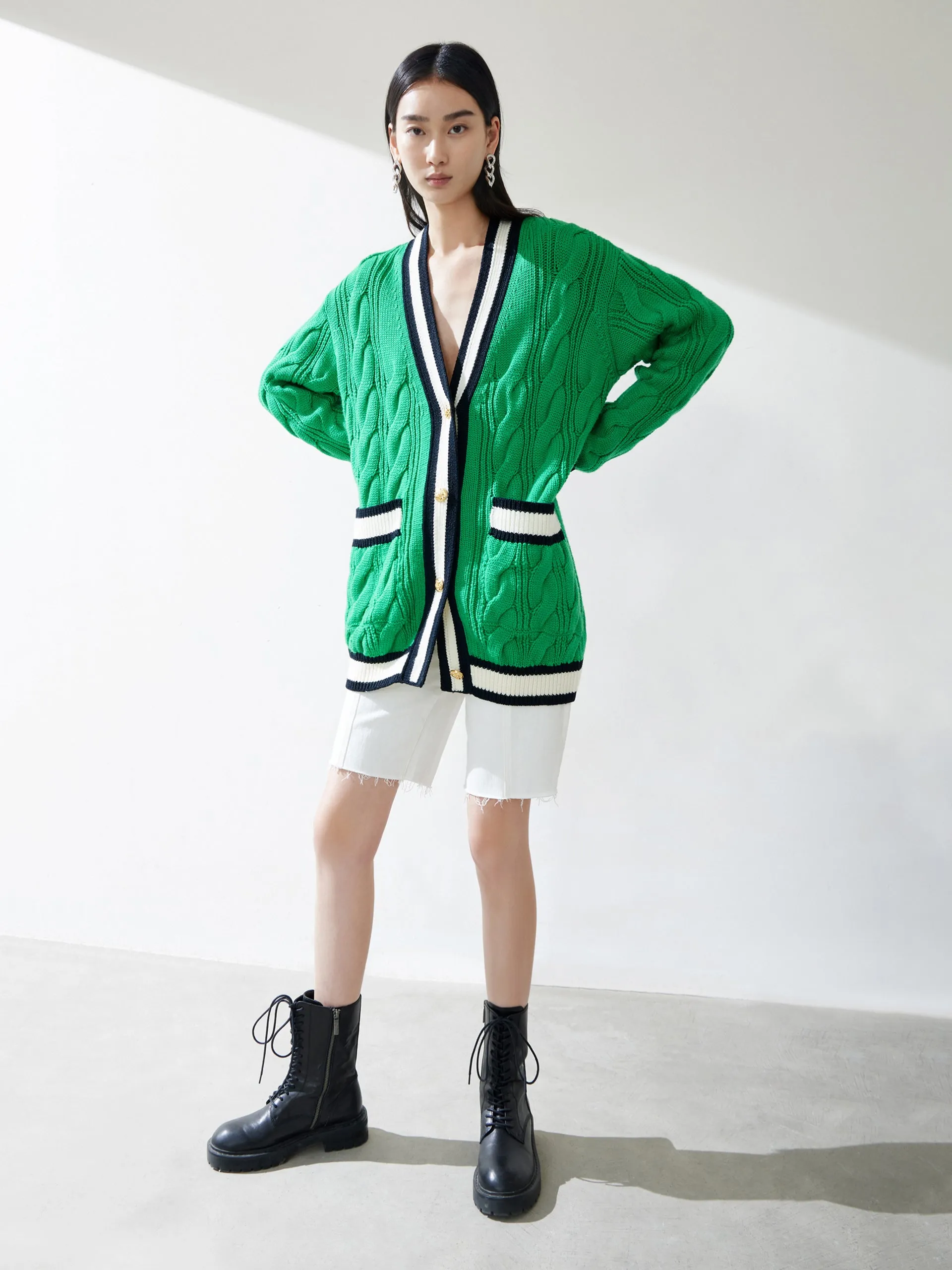 Contrast Cable Knit Wool Cardigan sold by Mo&Co product image thumbnail 2