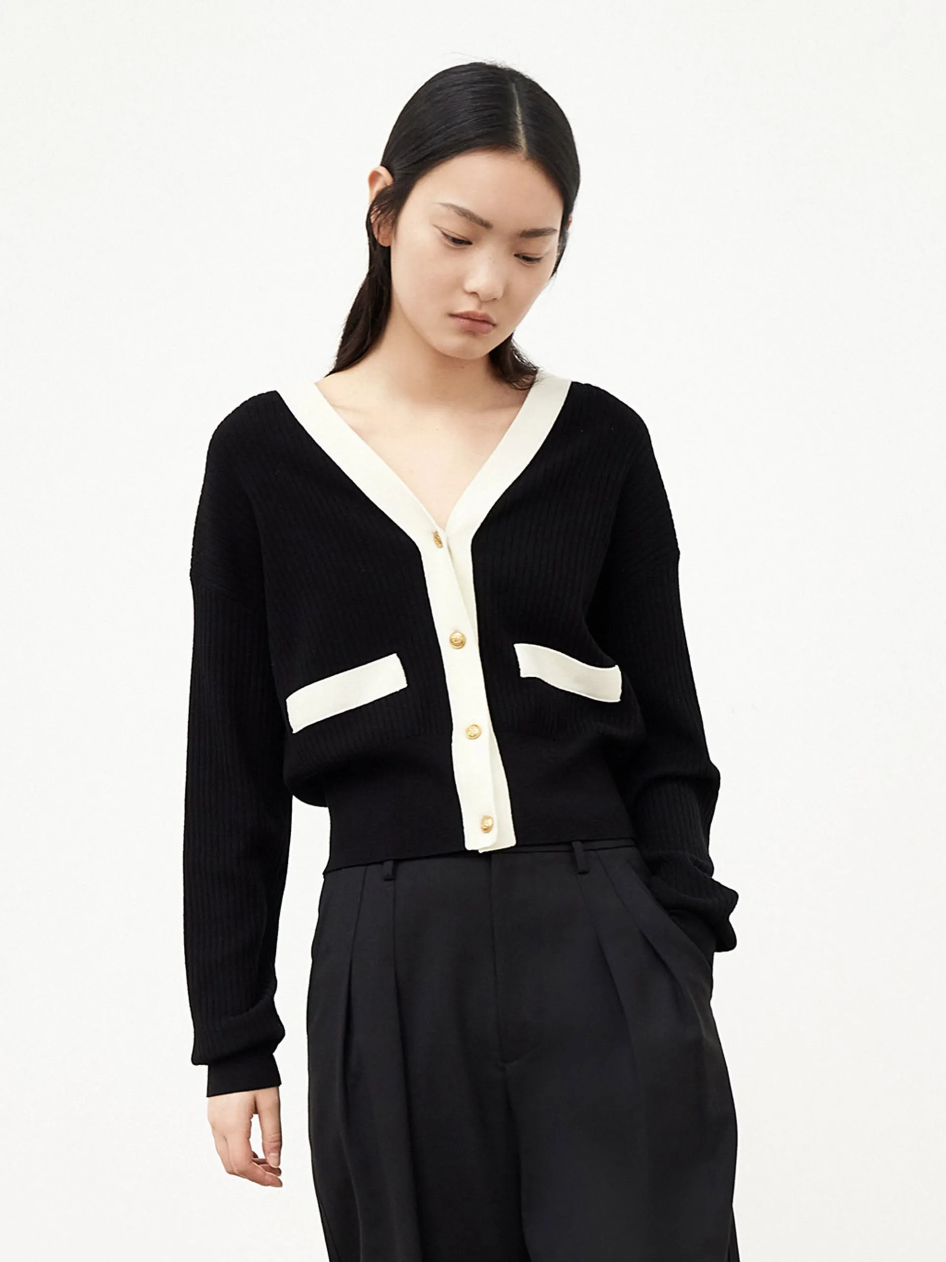 Ribbed Knit Contrasting Cardigan sold by Mo&Co