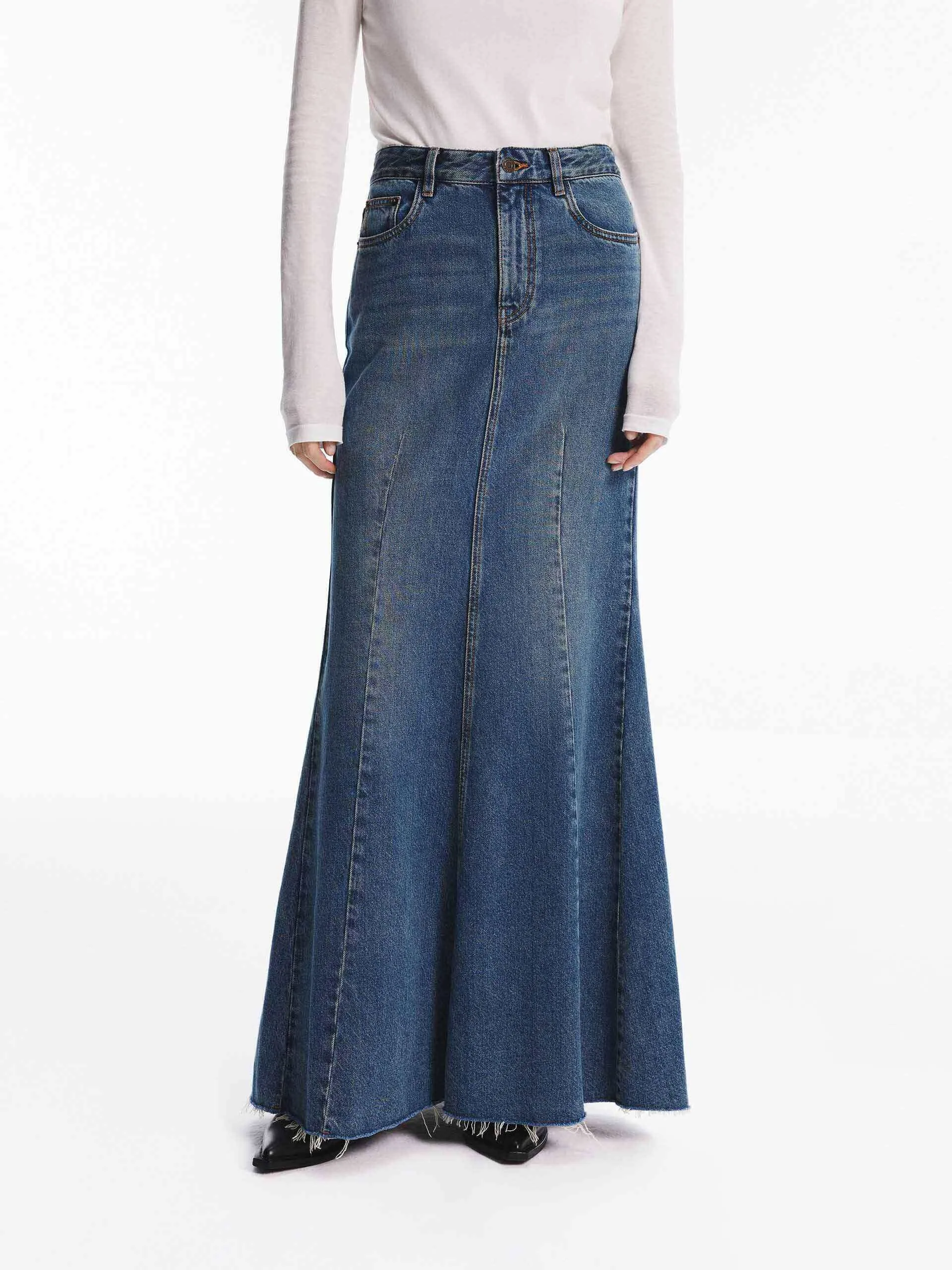 Denim Mermaid Maxi Skirt sold by Mo&Co