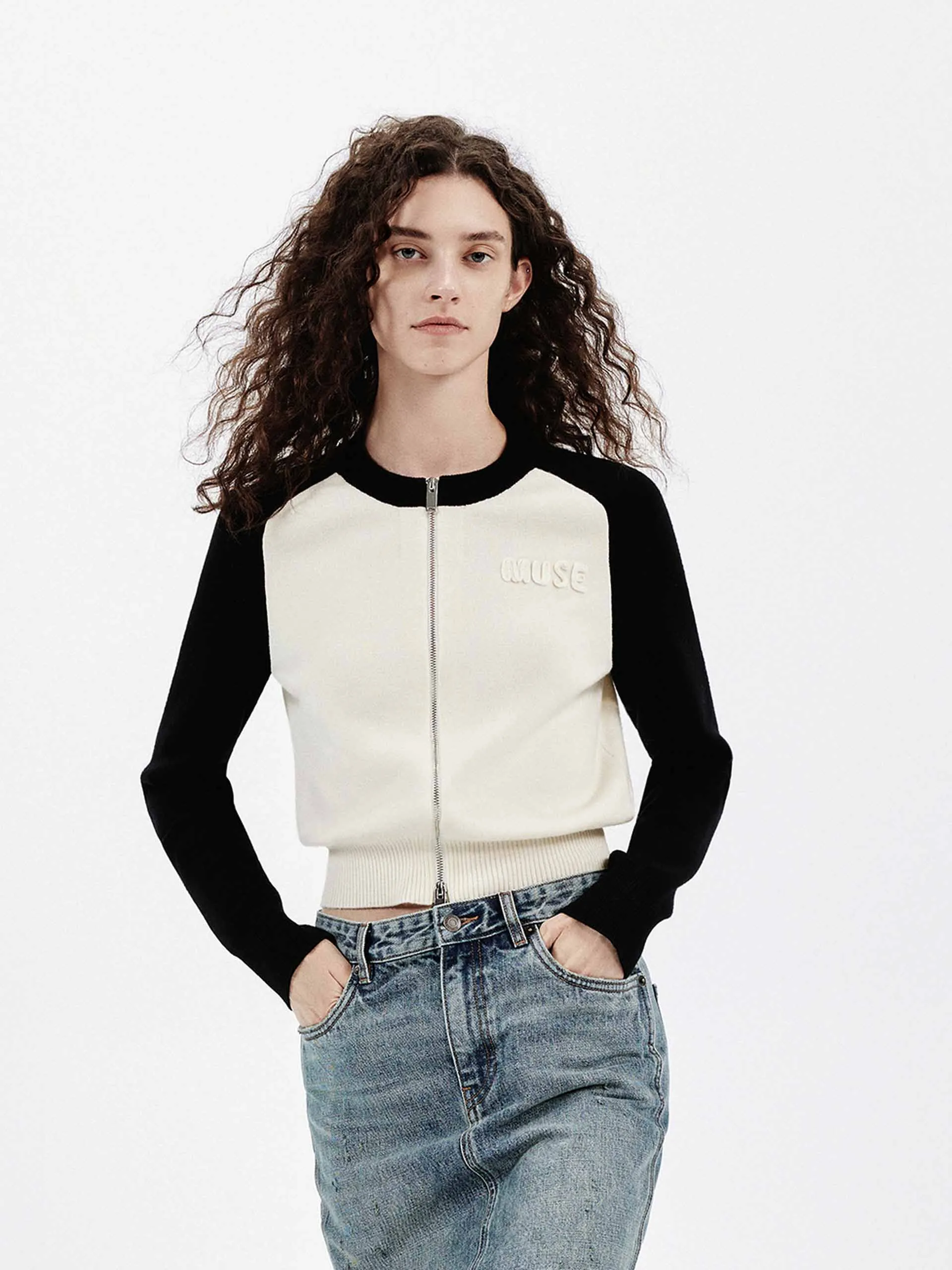 Color Block Zipper Cardigan sold by Mo&Co