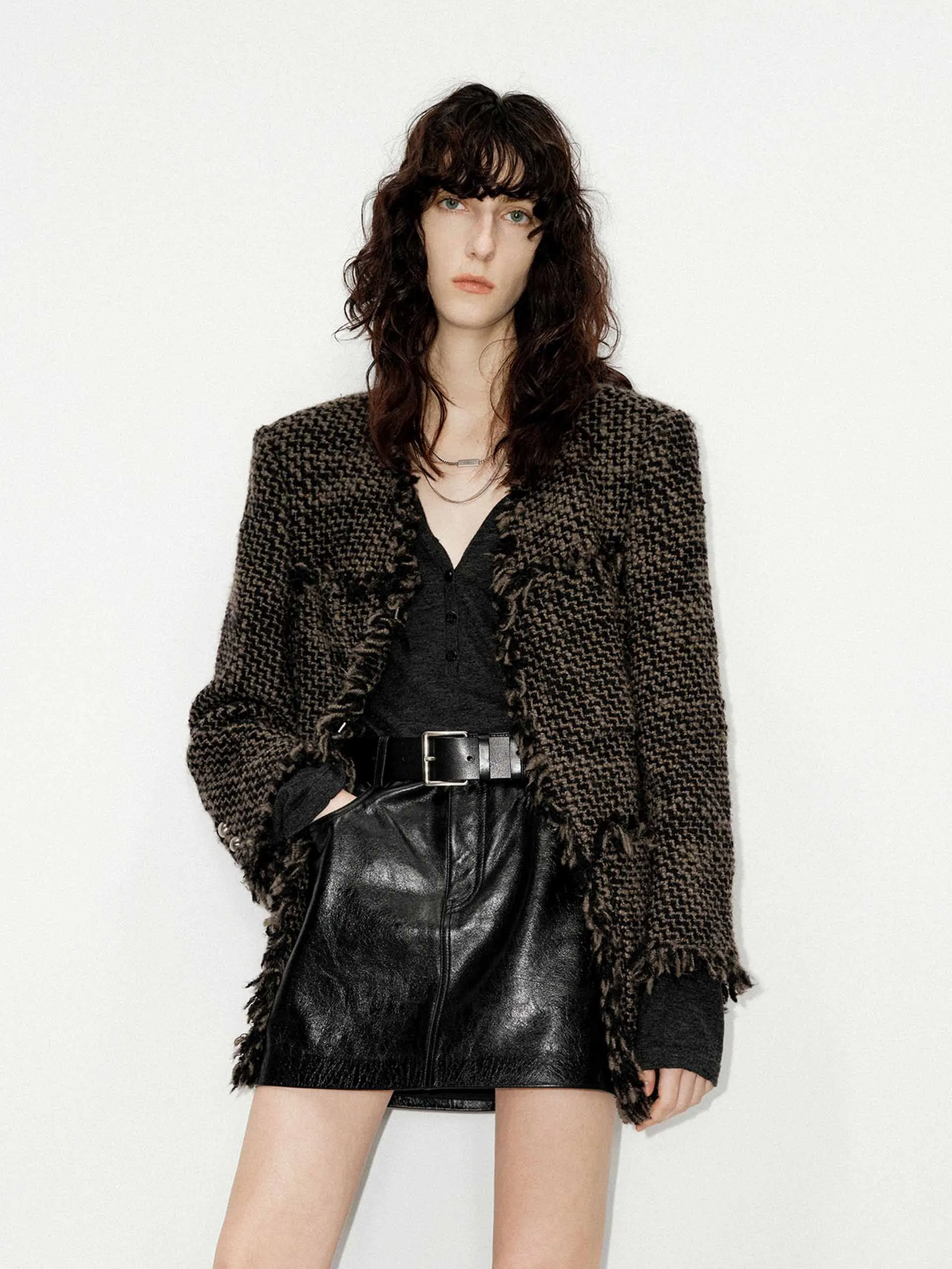 Raw Trim Collarless Coat sold by Mo&Co