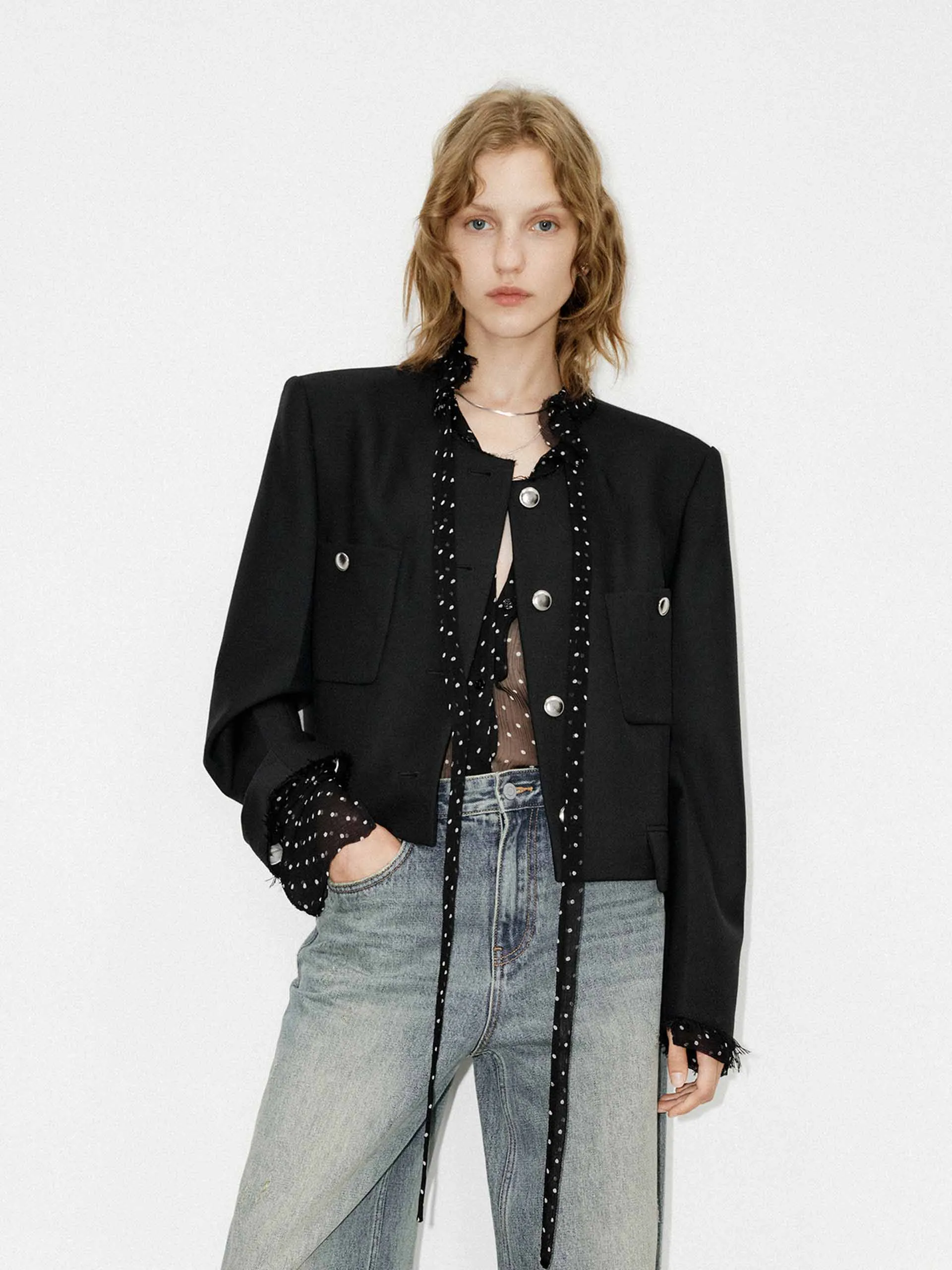 Boxy Fit Collarless Jacket sold by Mo&Co