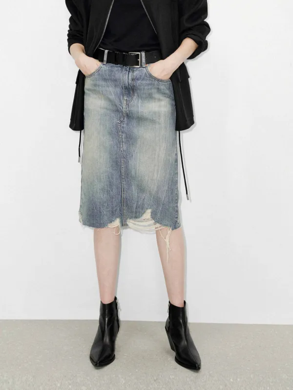 Back Slit Distressed Skirt sold by Mo&Co