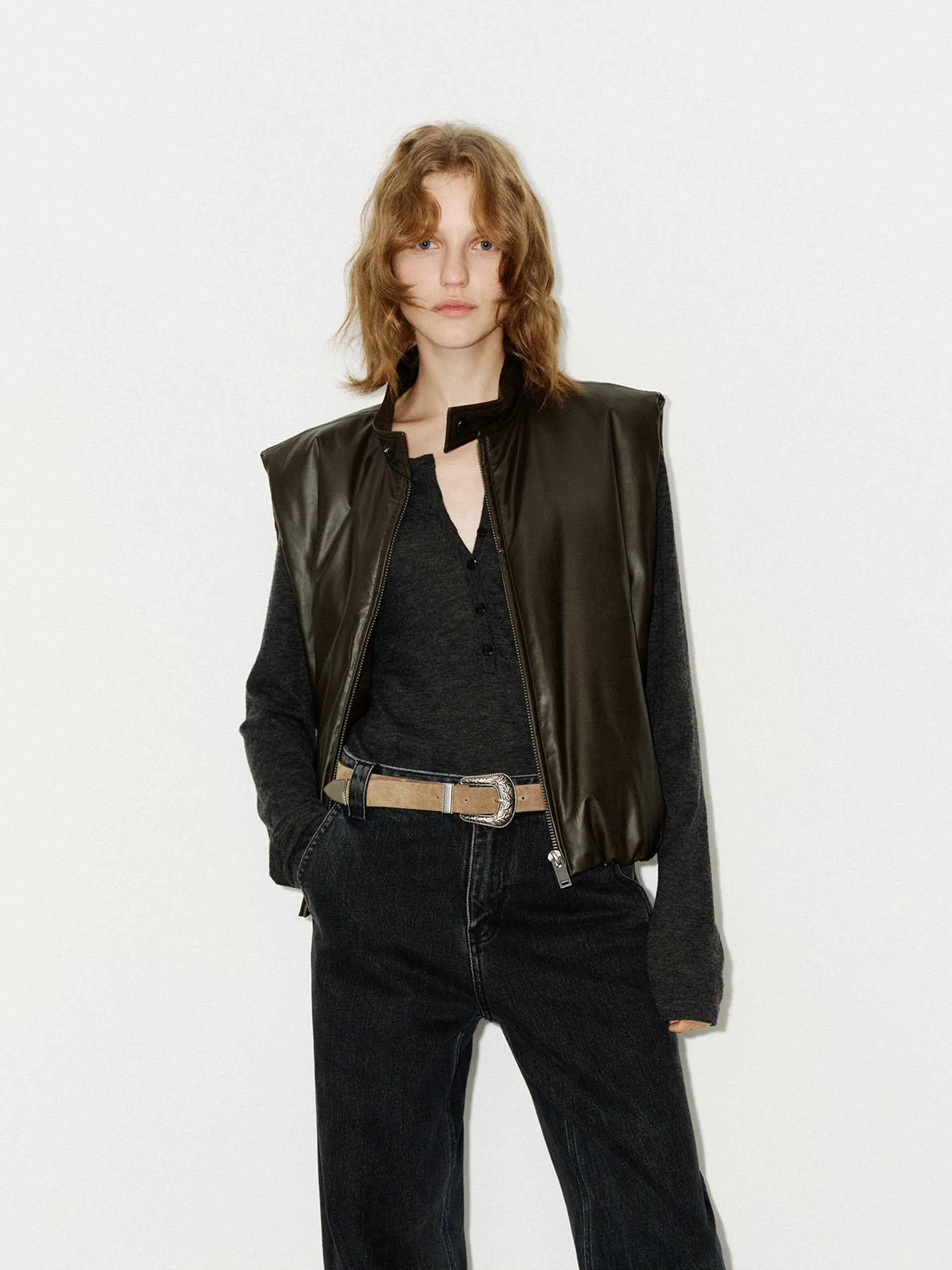 Leather Zip Down Vest sold by Mo&Co