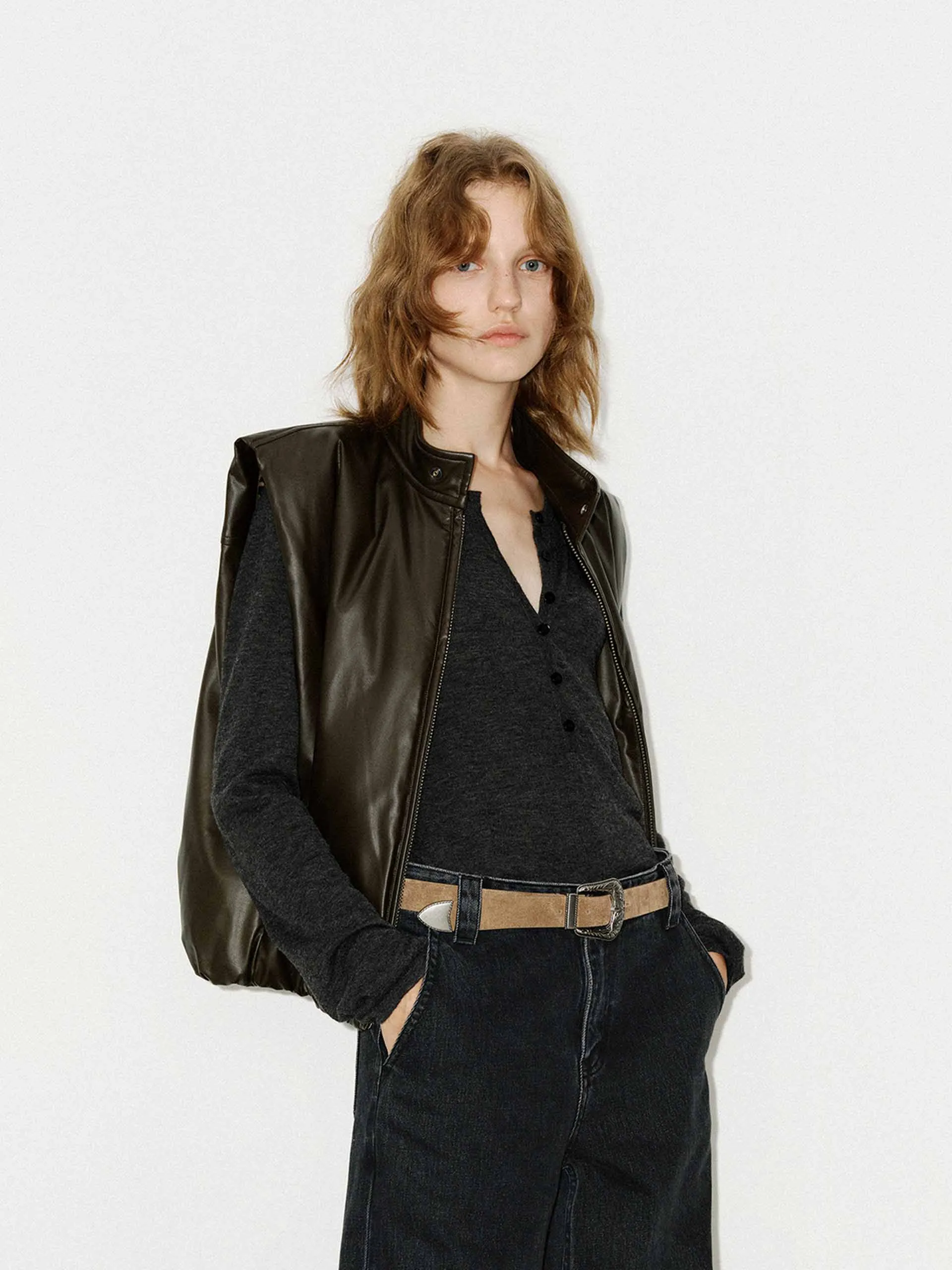 Leather Zip Down Vest sold by Mo&Co product image thumbnail 2