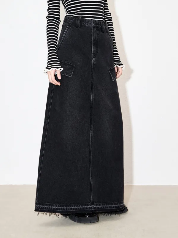 Frayed Maxi Denim Skirt sold by Mo&Co