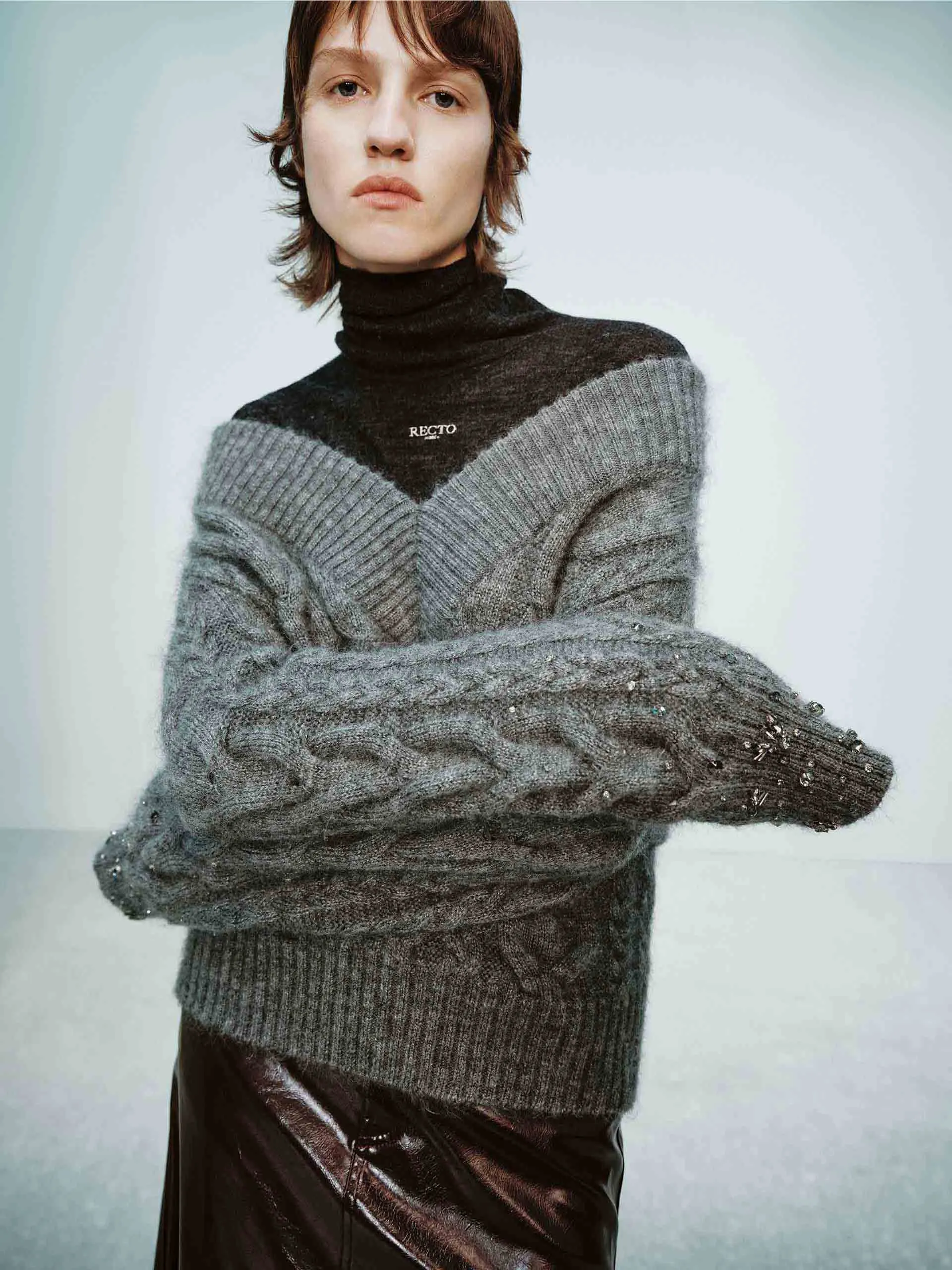 V-neck Cable Knit Sweater sold by Mo&Co