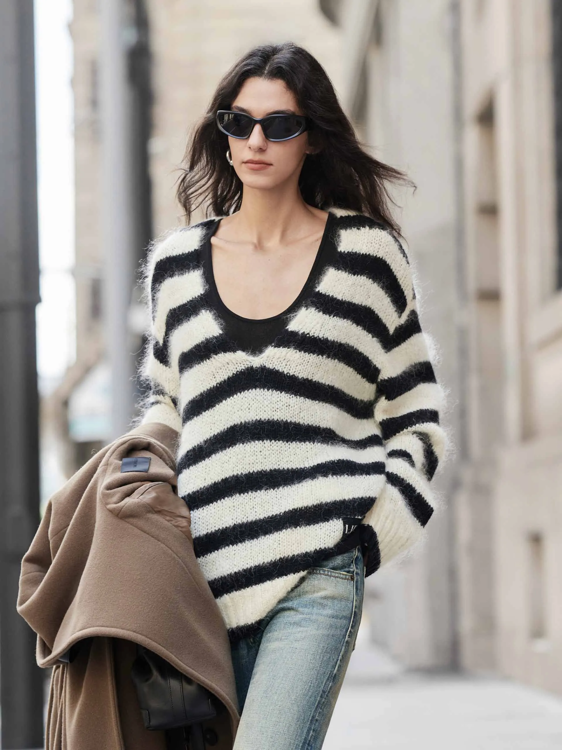 Striped V-neck Fluffy Sweater sold by Mo&Co