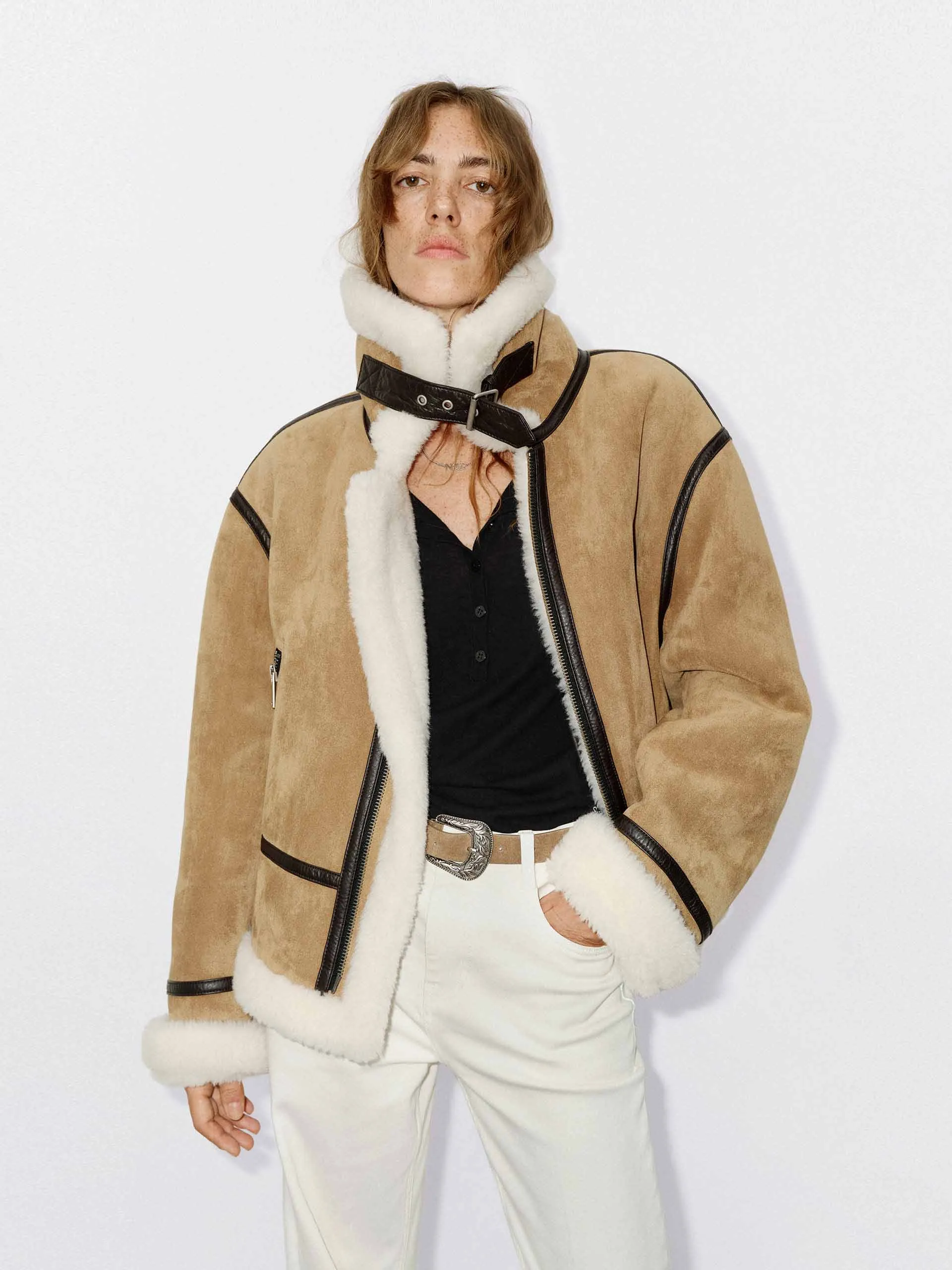 Suede Textured Fuzzy Jacket sold by Mo&Co