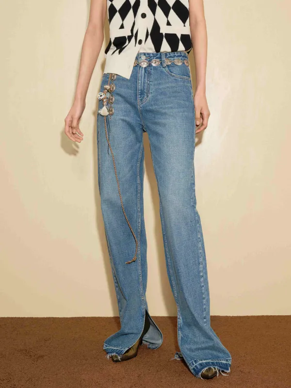 Side Slit Straight Leg Jeans sold by Mo&Co