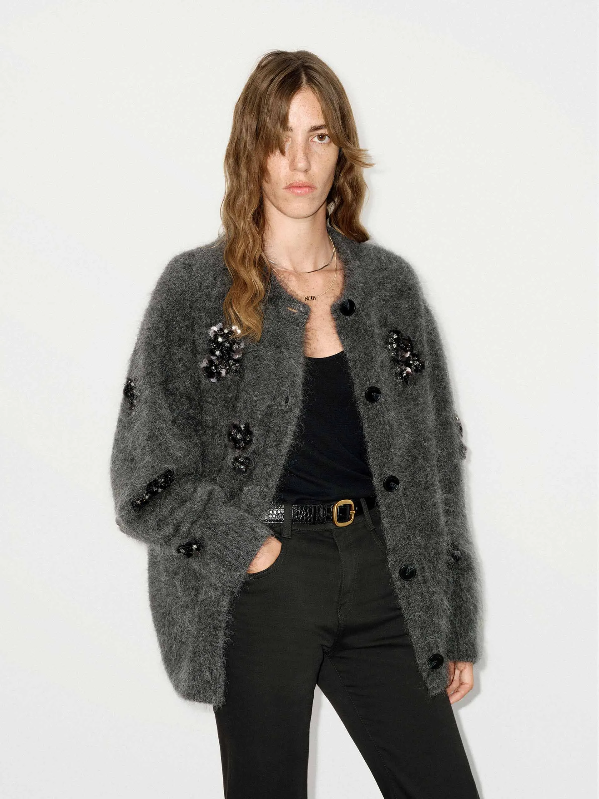 Sequin Detail Fluffy Cardigan sold by Mo&Co