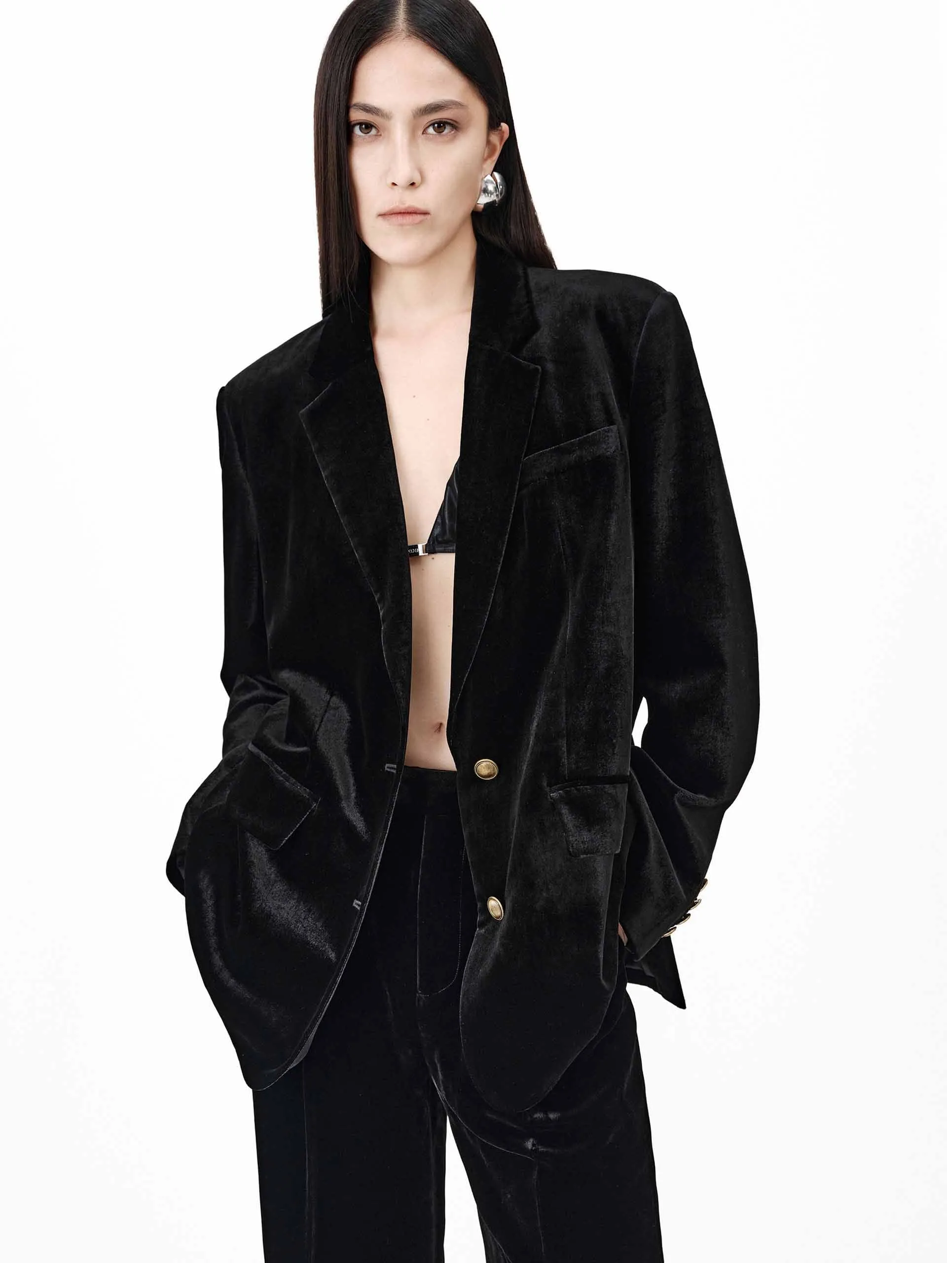 Metallic Button Velvet Blazer sold by Mo&Co