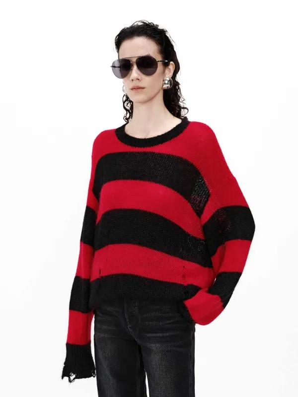Distressed Stripe Knit Sweater sold by Mo&Co