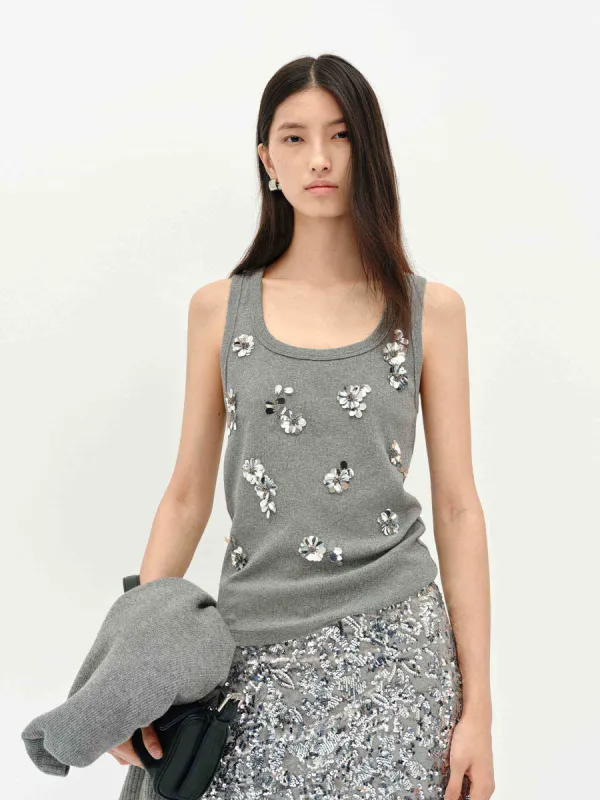 Sequins Detail Cotton Tank sold by Mo&Co
