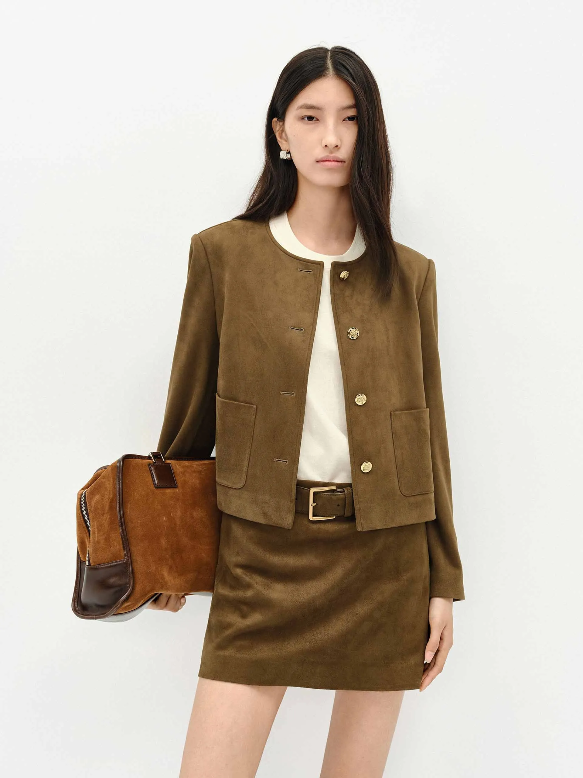 Suede Collarless Jacket sold by Mo&Co