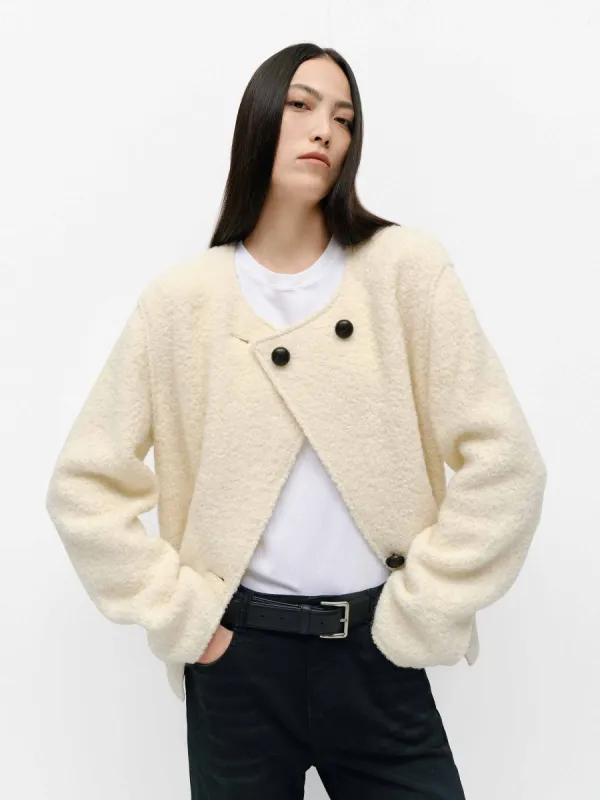 Collarless Boucle Knit Coat sold by Mo&Co
