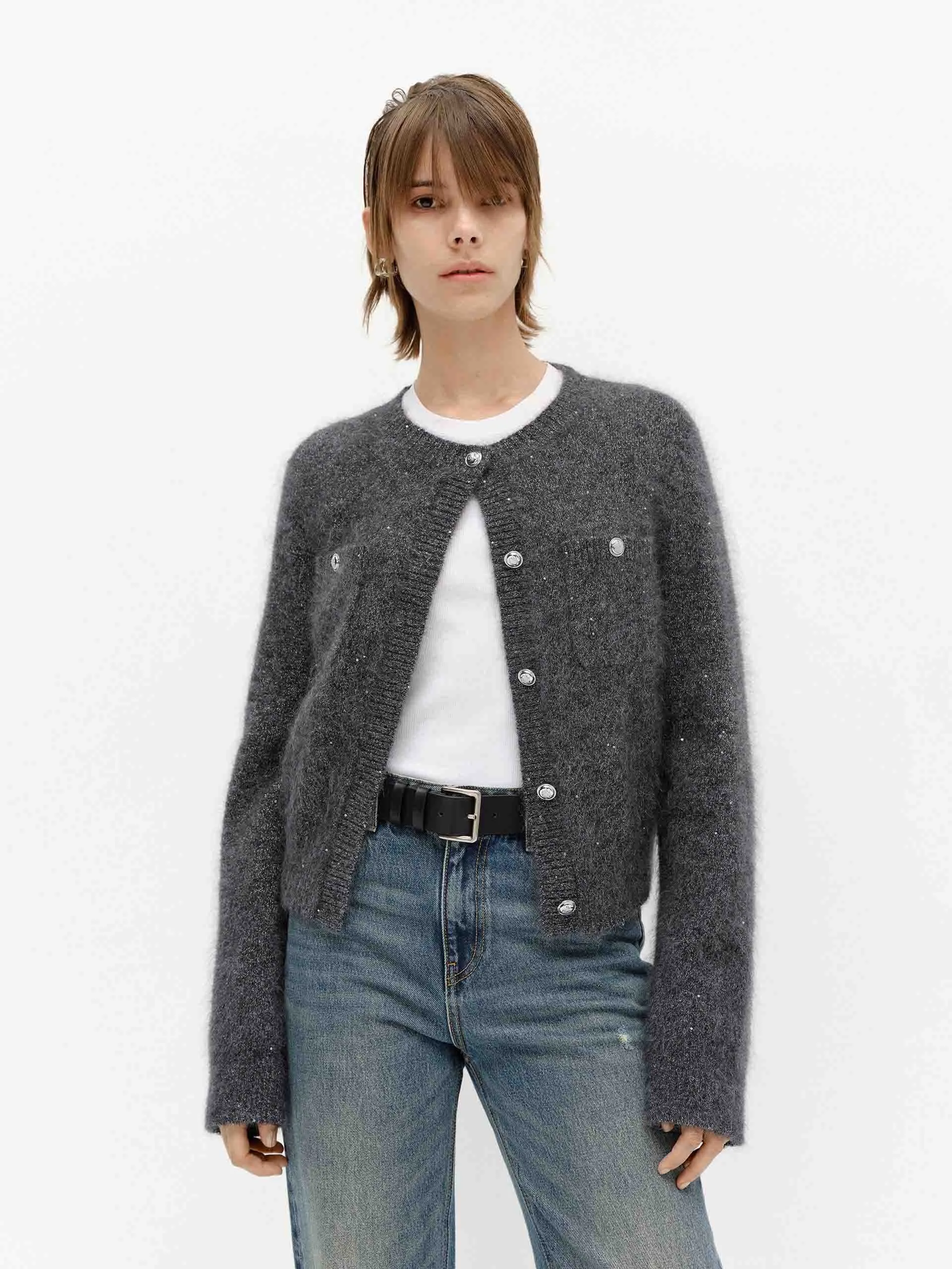 Fluffy Crew Neck Cardigan sold by Mo&Co
