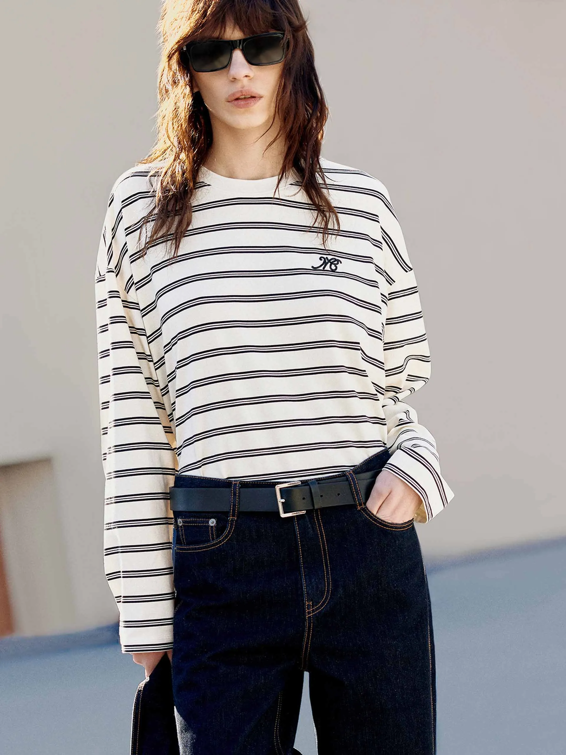 Loose Striped Print T-shirt sold by Mo&Co