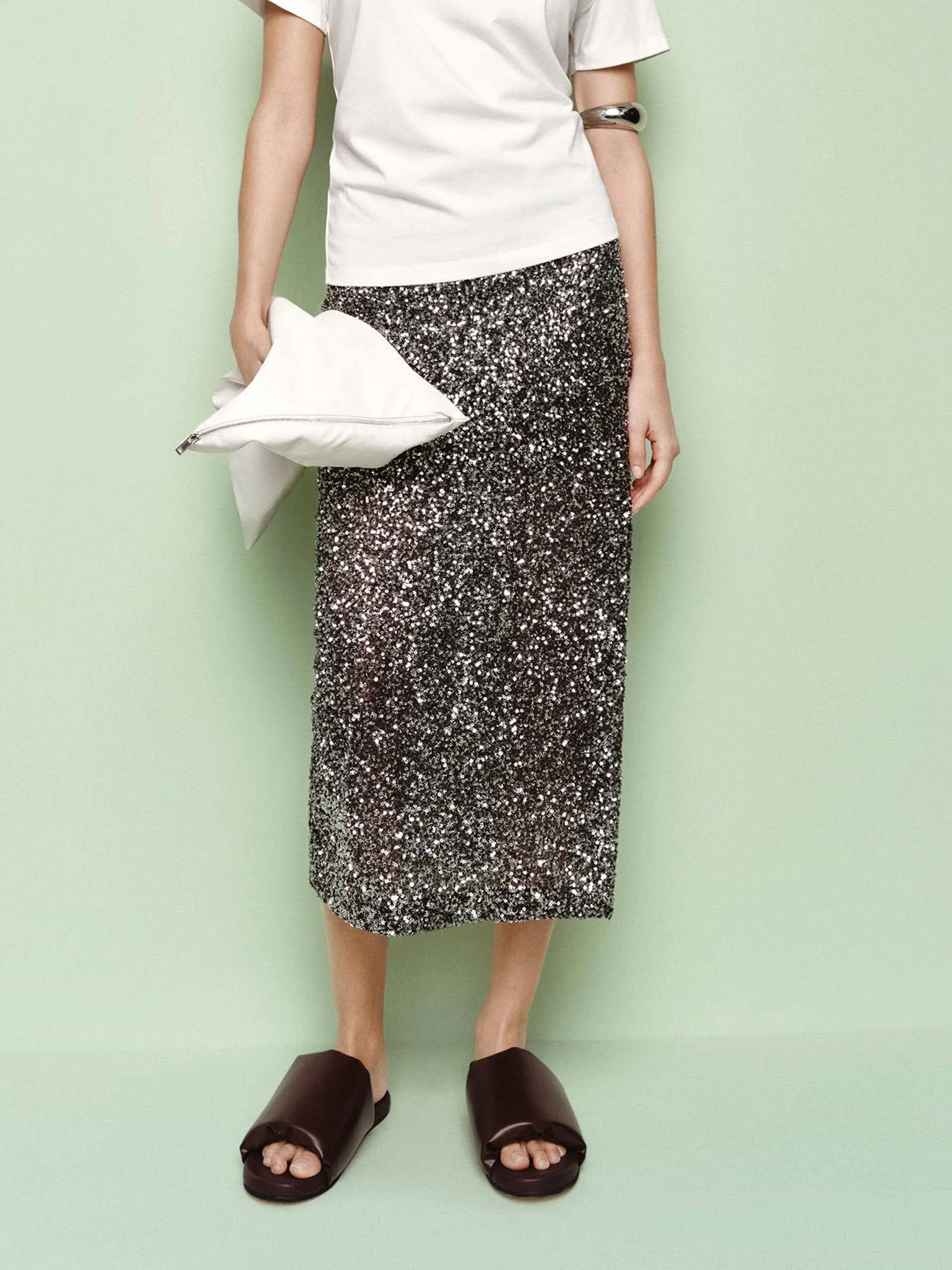 Straight Sequin Midi Skirt sold by Mo&Co
