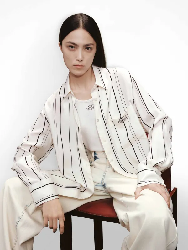 Cutout Back Pinstripe Shirt sold by Mo&Co