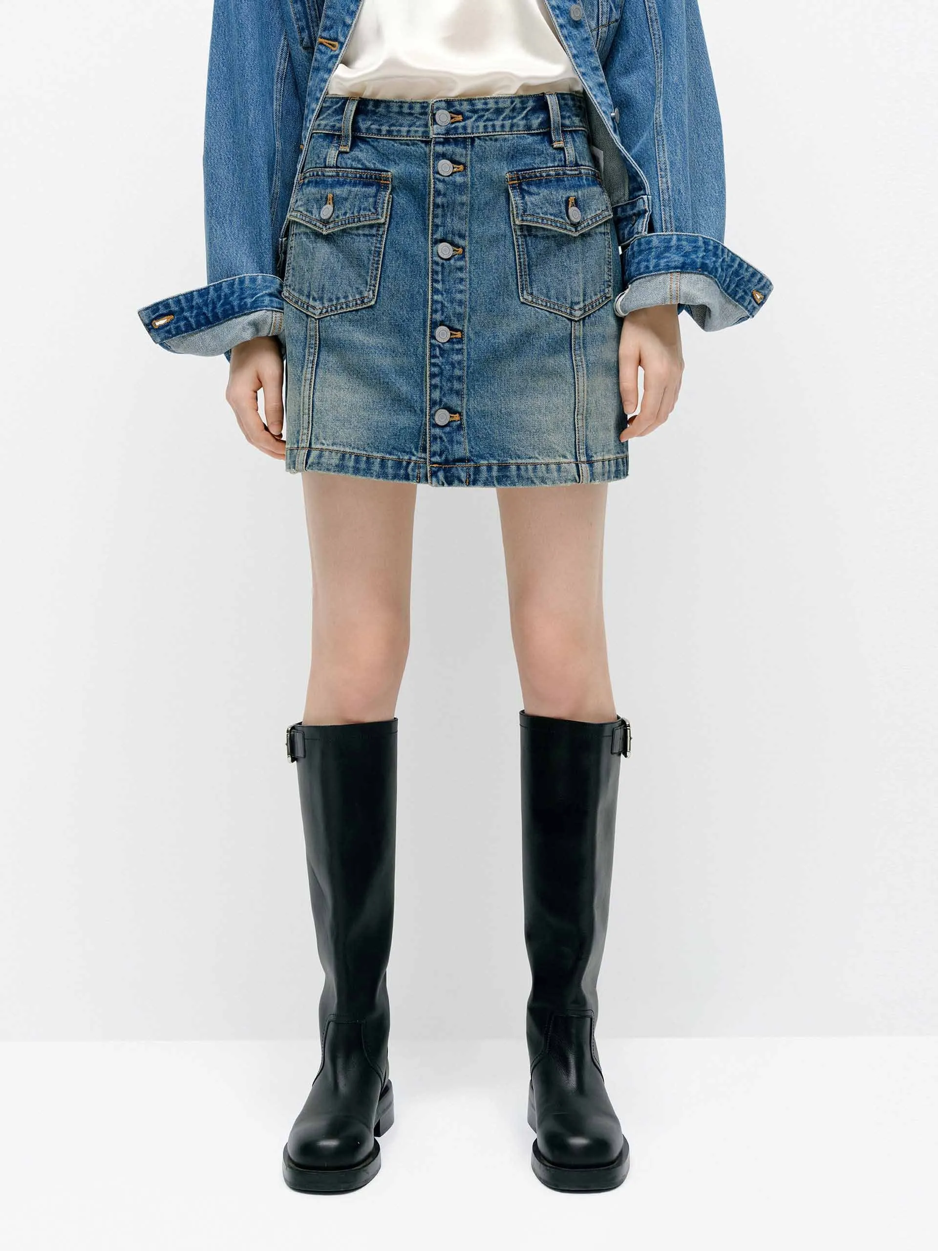 Front Button Denim Skirt sold by Mo&Co