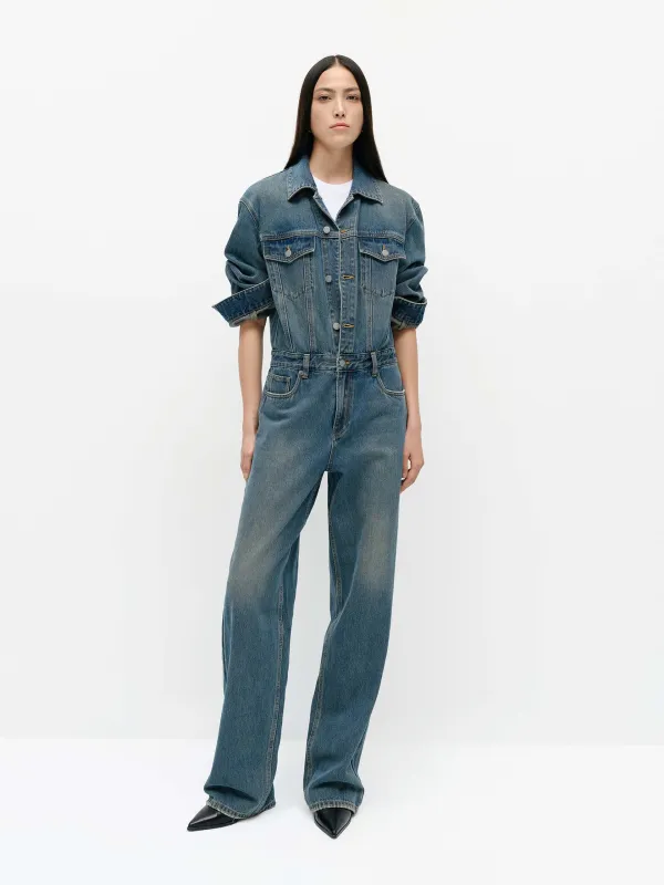 Lapel Collar Denim Jumpsuit sold by Mo&Co