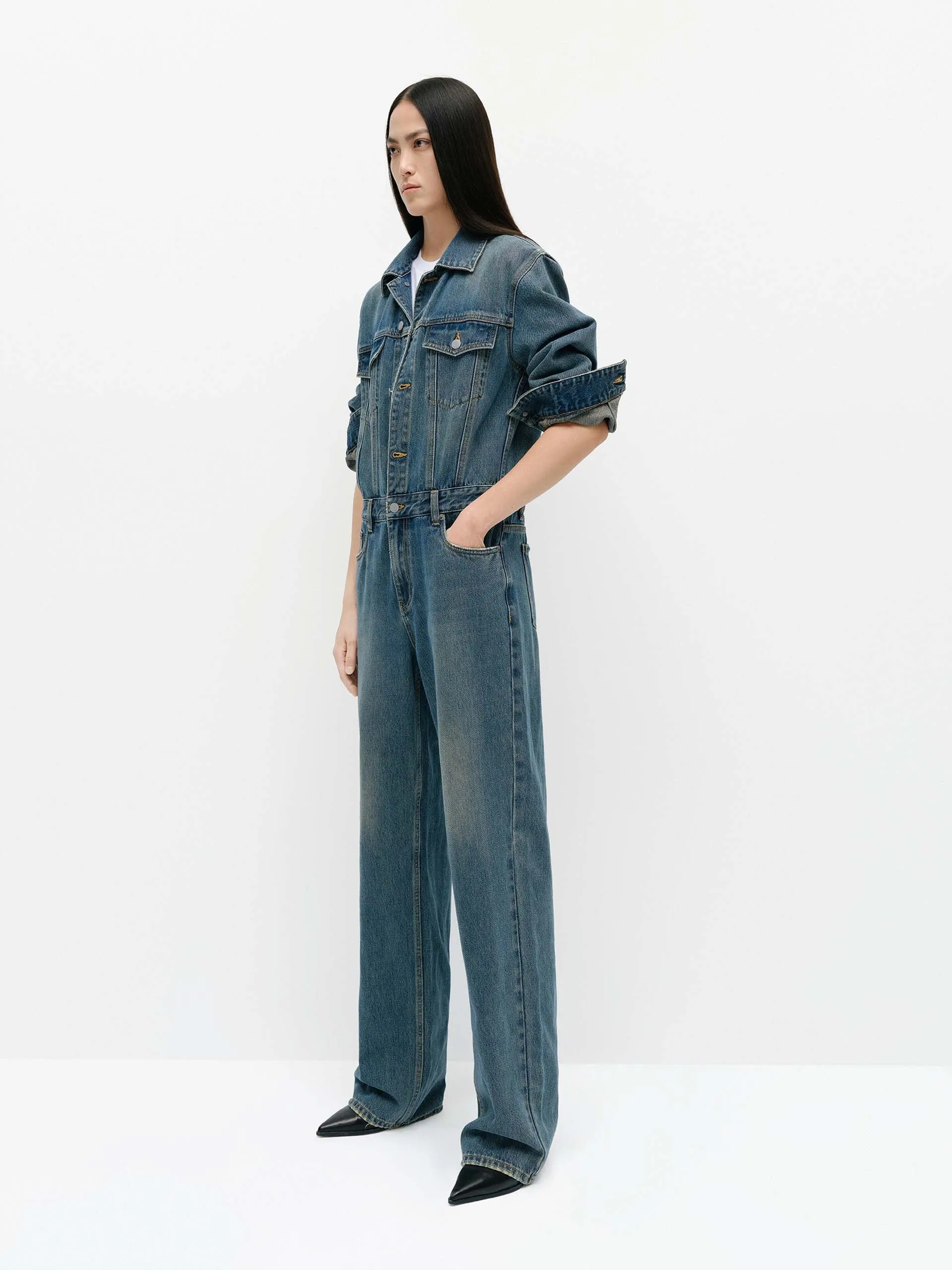 Lapel Collar Denim Jumpsuit sold by Mo&Co product image thumbnail 2
